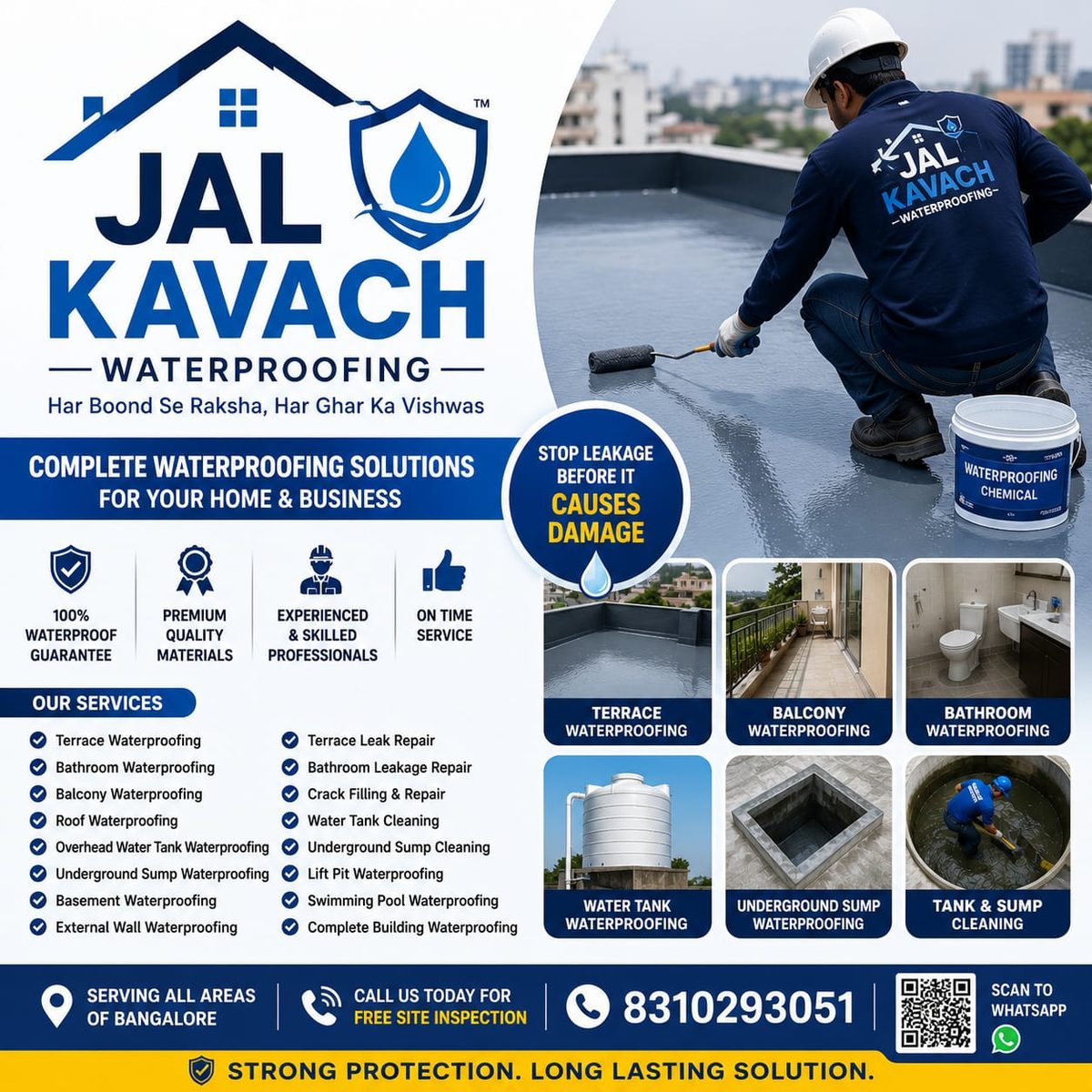 Jal Kavach Waterproofing flyer listing services and contact number 8310293051