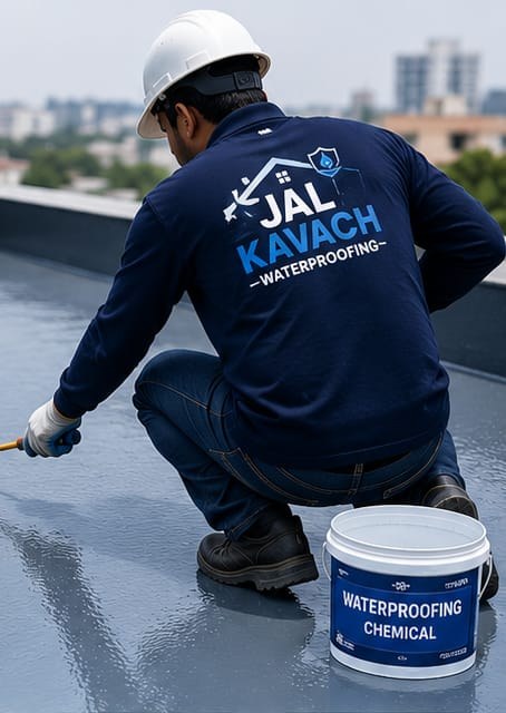 Jal Kavach technician applying waterproofing coat on a terrace